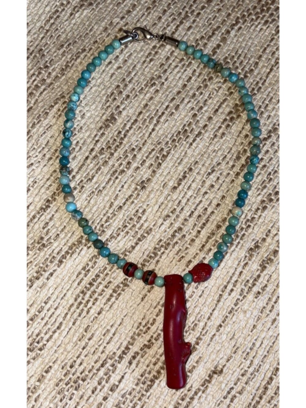 Fish Bead And Red Coral Necklace with Turquoise Accents – 925 SS , Vintage